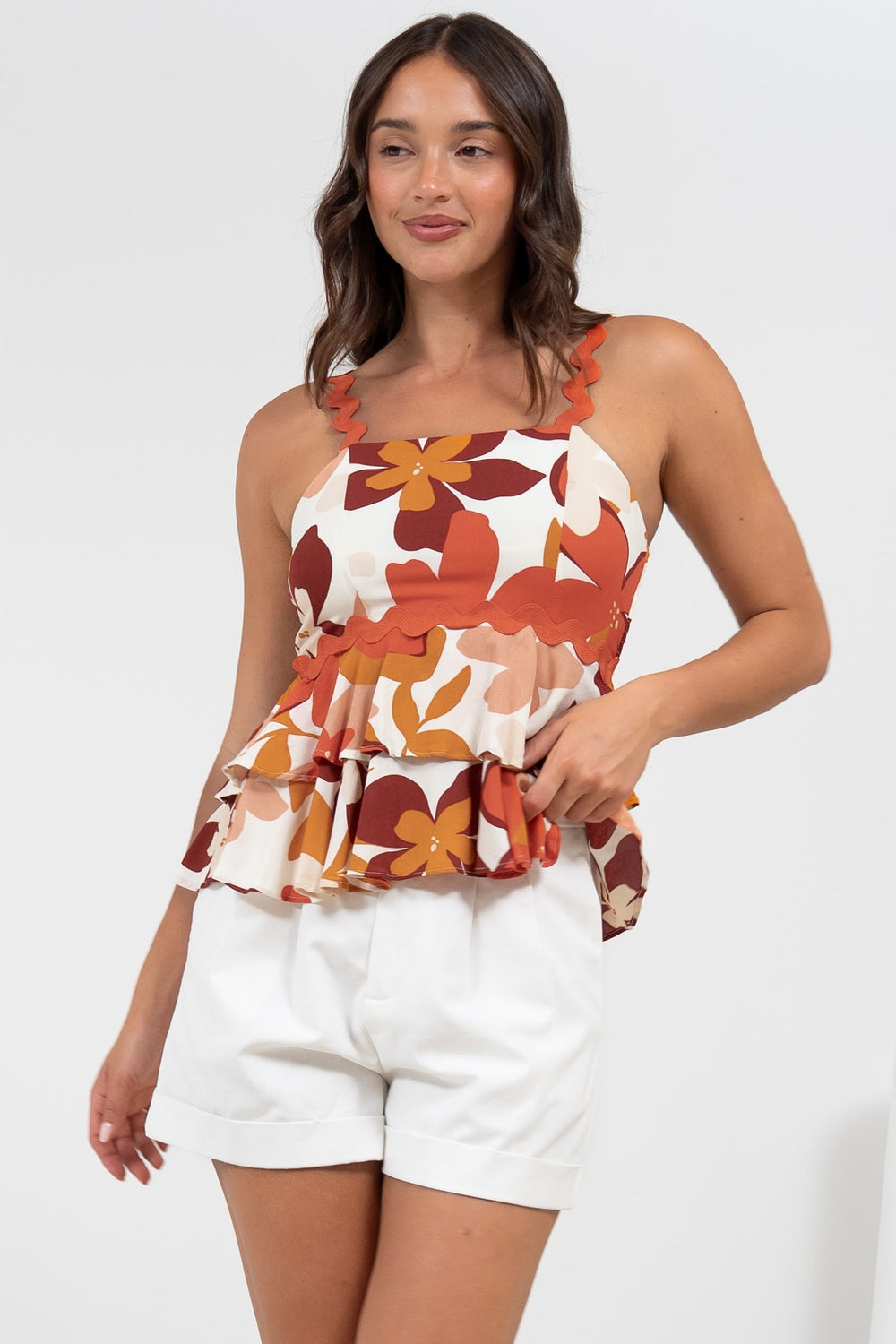 Calla Top - Ric Rac Strap Tiered Cami in Tangie Print