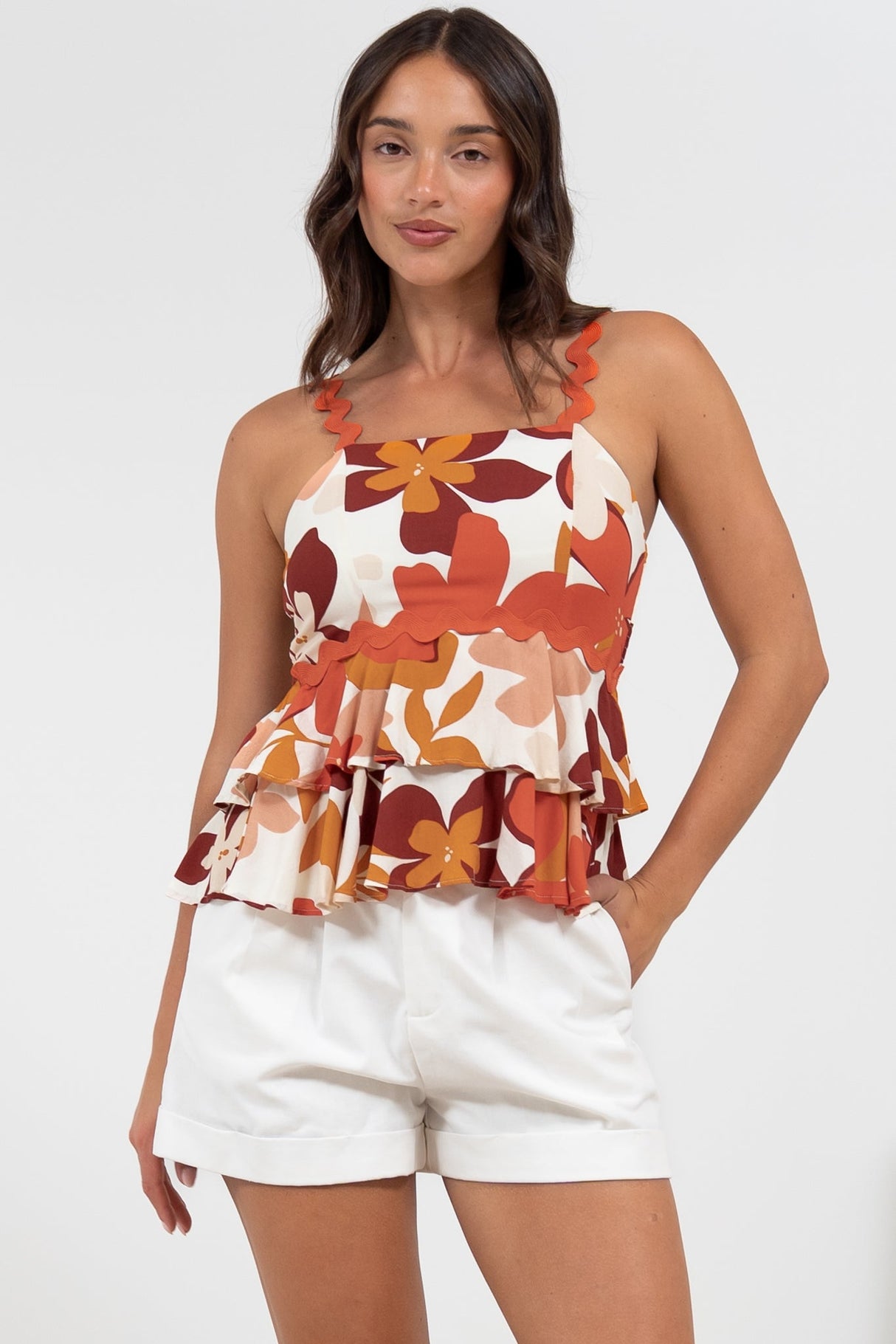 Calla Top - Ric Rac Strap Tiered Cami in Tangie Print