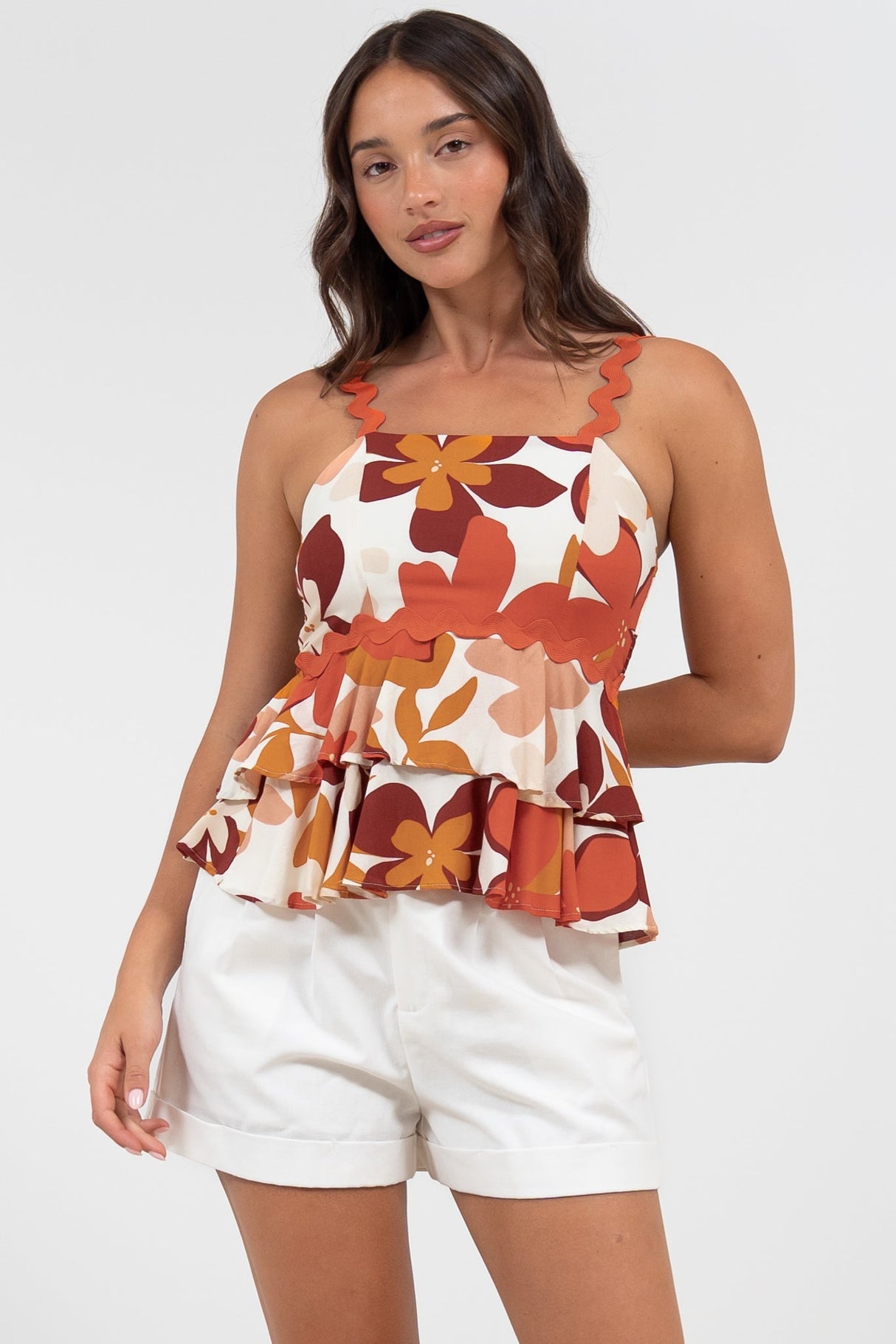 Calla Top - Ric Rac Strap Tiered Cami in Tangie Print