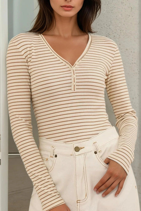 Cameron Knit Top - Button Neckline Ribbed Striped Top in Camel