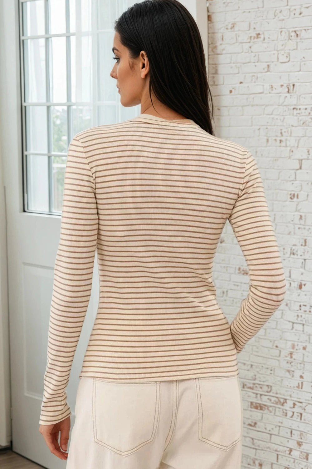 Cameron Knit Top - Button Neckline Ribbed Striped Top in Camel