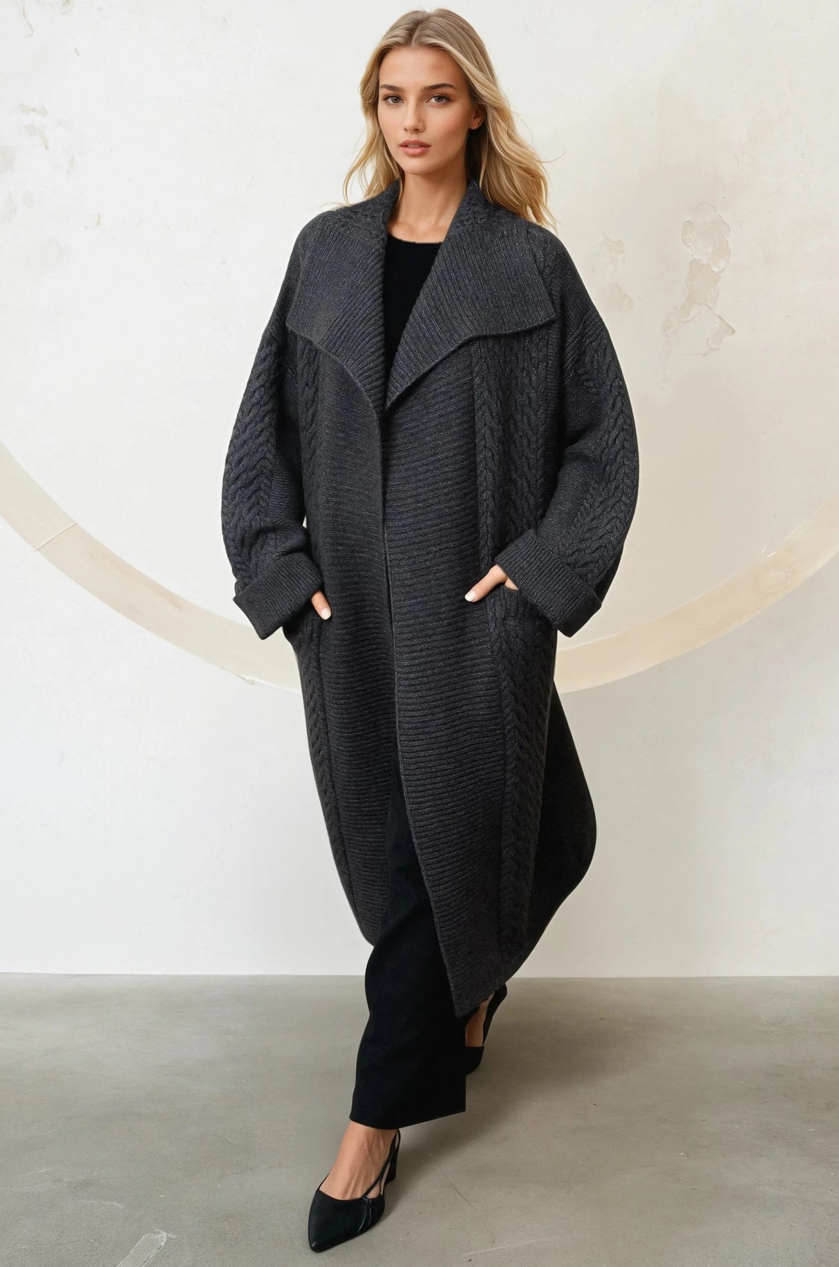 Campbell Cardigan - Long Oversized Cable Knit Cardigan with Pockets in Charcoal