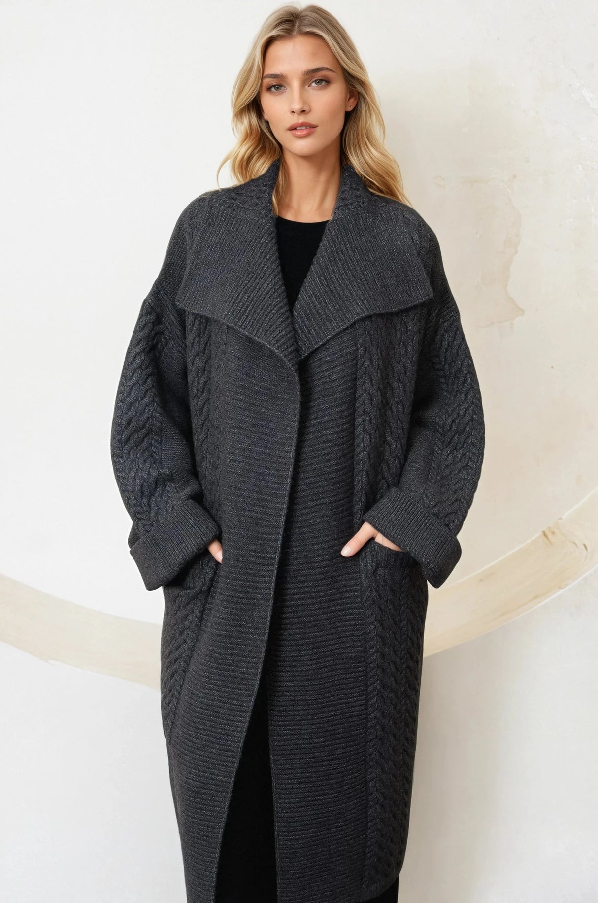 Campbell Cardigan - Long Oversized Cable Knit Cardigan with Pockets in Charcoal