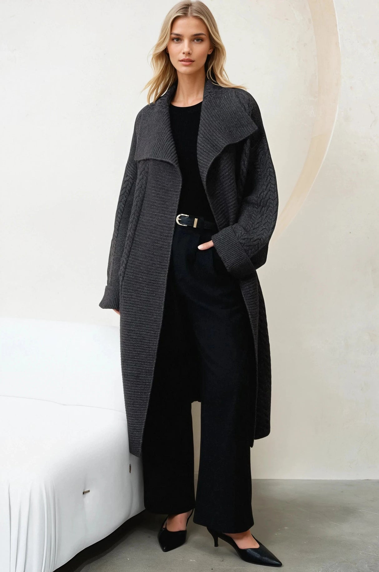 Campbell Cardigan - Long Oversized Cable Knit Cardigan with Pockets in Charcoal