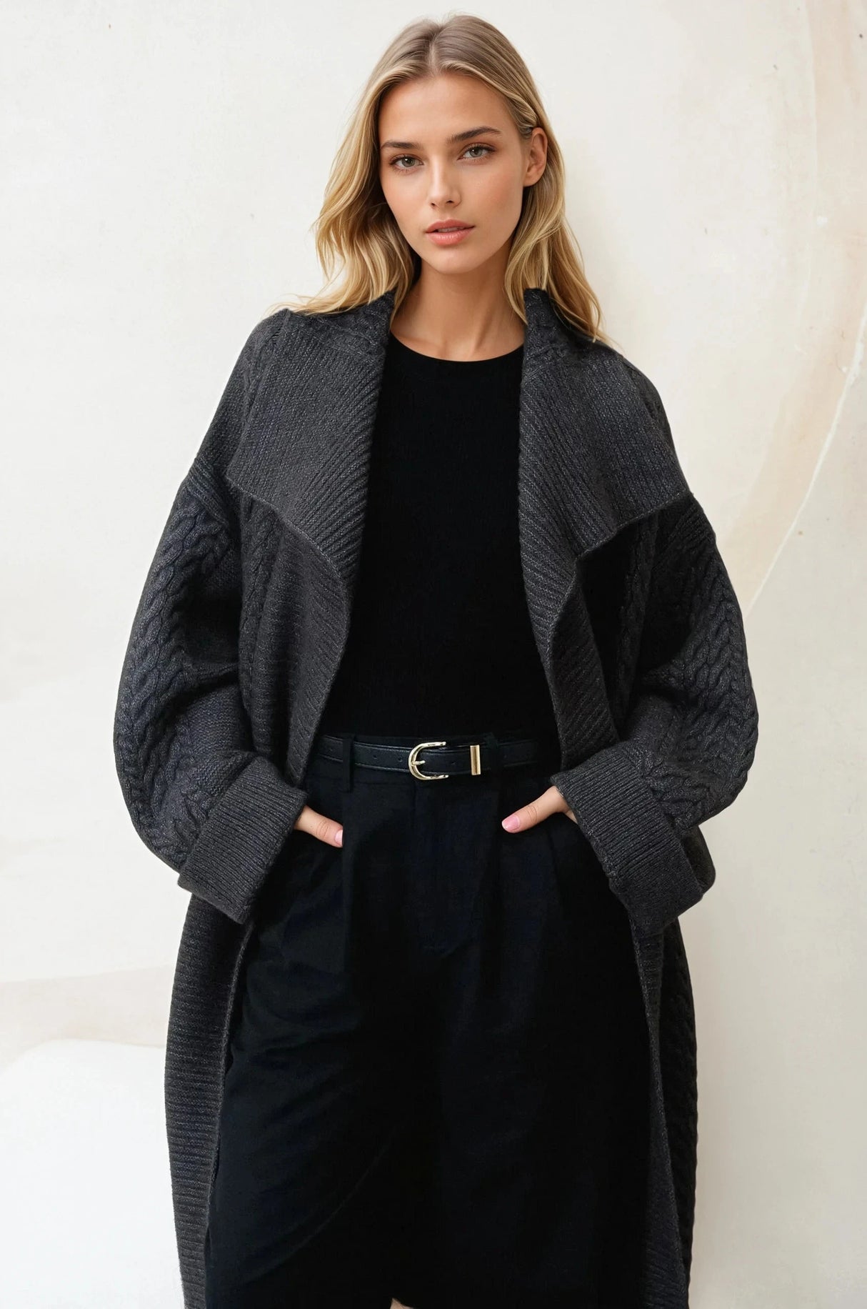 Campbell Cardigan - Long Oversized Cable Knit Cardigan with Pockets in Charcoal