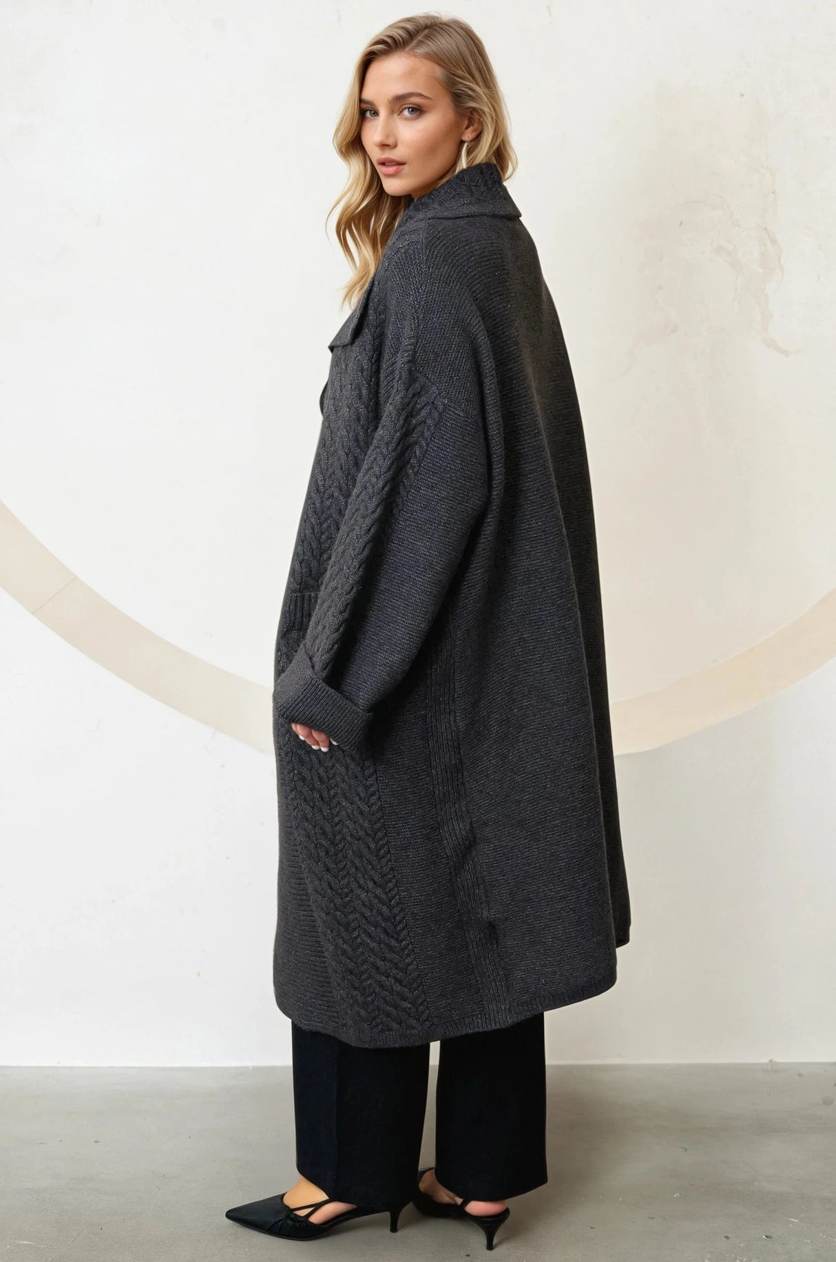 Campbell Cardigan - Long Oversized Cable Knit Cardigan with Pockets in Charcoal