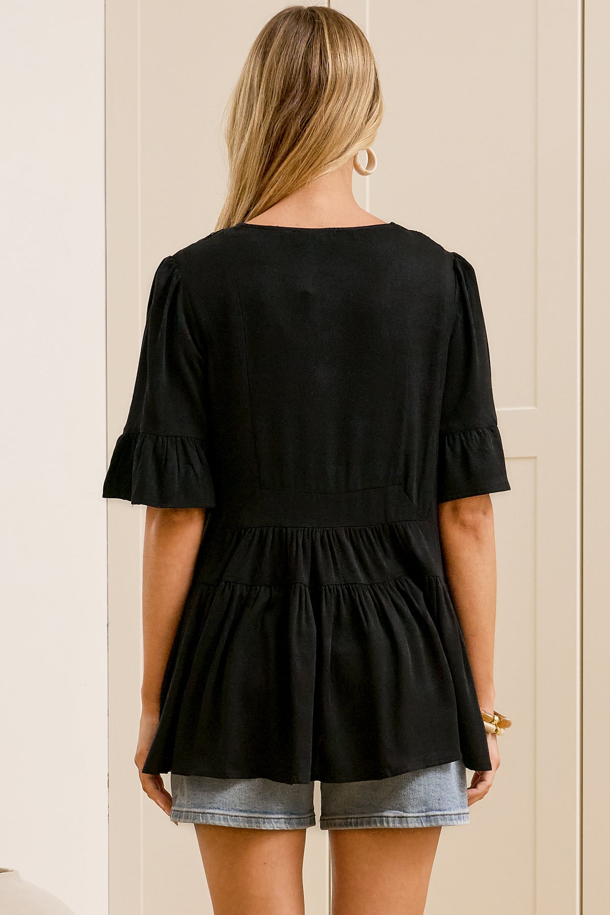 Candara Top - V Neck Ladder Trim Top with Ruffle-cuff Sleeves in Black