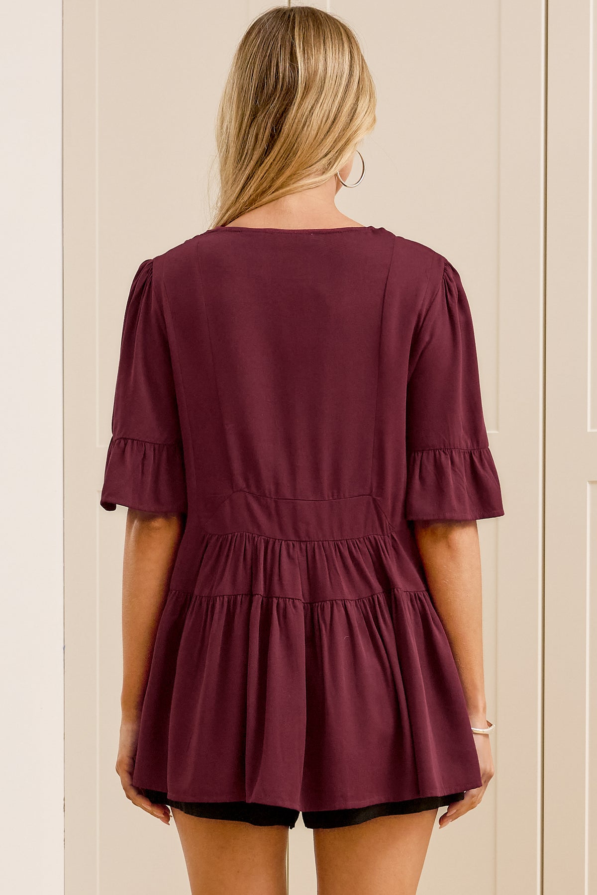 Candara Top - V Neck Ladder Trim Top with Ruffle-cuff Sleeves in Burgundy