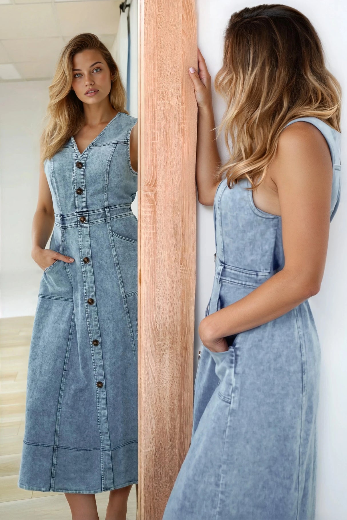 Capricorn Midi Dress - Sleeveless A-Line Denim Dress with Pockets in Denim Blue