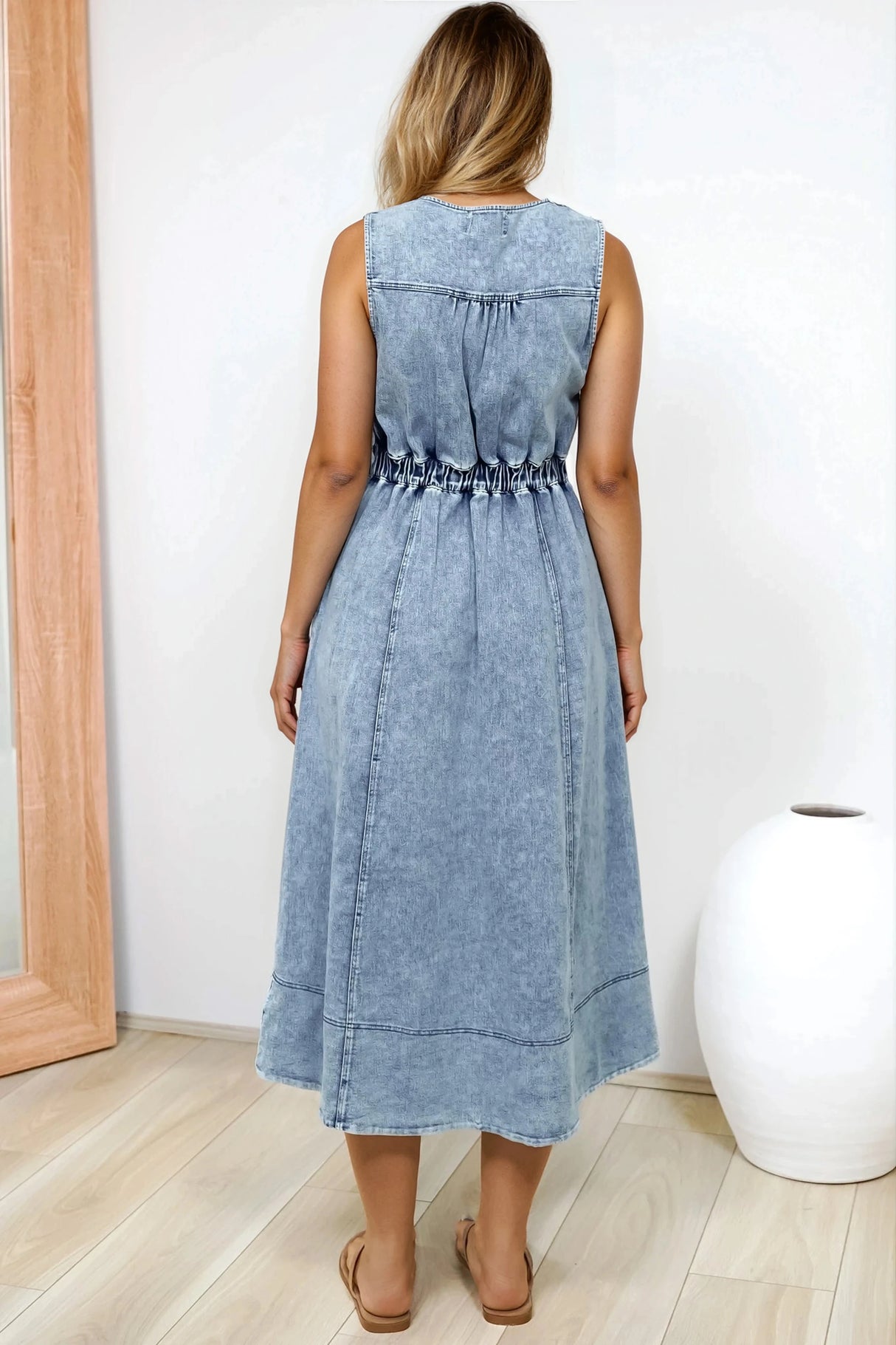 Capricorn Midi Dress - Sleeveless A-Line Denim Dress with Pockets in Denim Blue