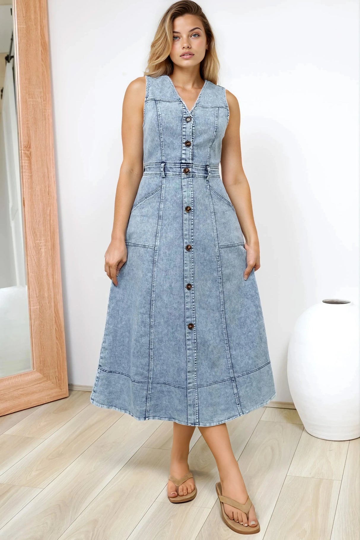Capricorn Midi Dress - Sleeveless A-Line Denim Dress with Pockets in Denim Blue