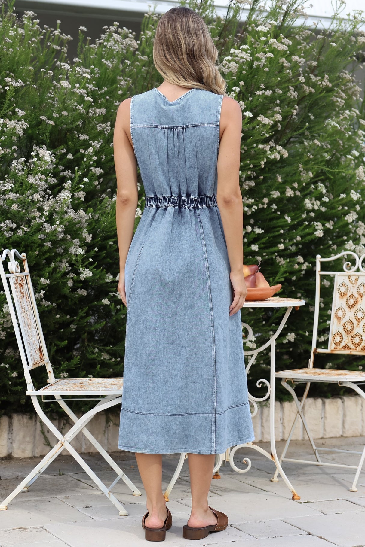 Capricorn Midi Dress - Sleeveless A-Line Denim Dress with Pockets in Denim Blue