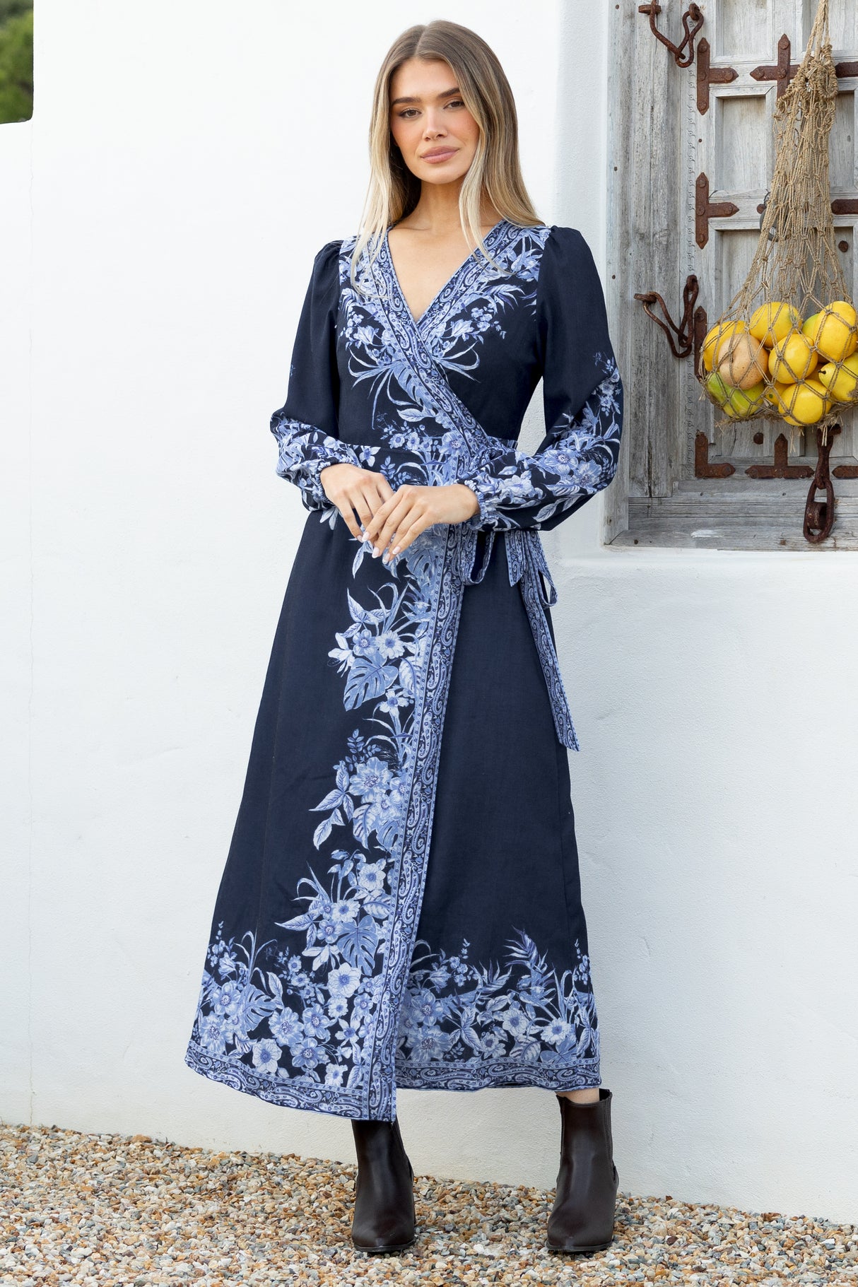 Model wearing Carindi Midi Dress in Breakwater Print from Salty Crush