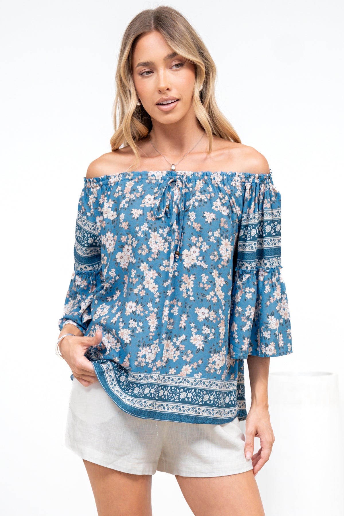 Carissa Top - On or Off Shoulder Pull Over Top in Muscari Print