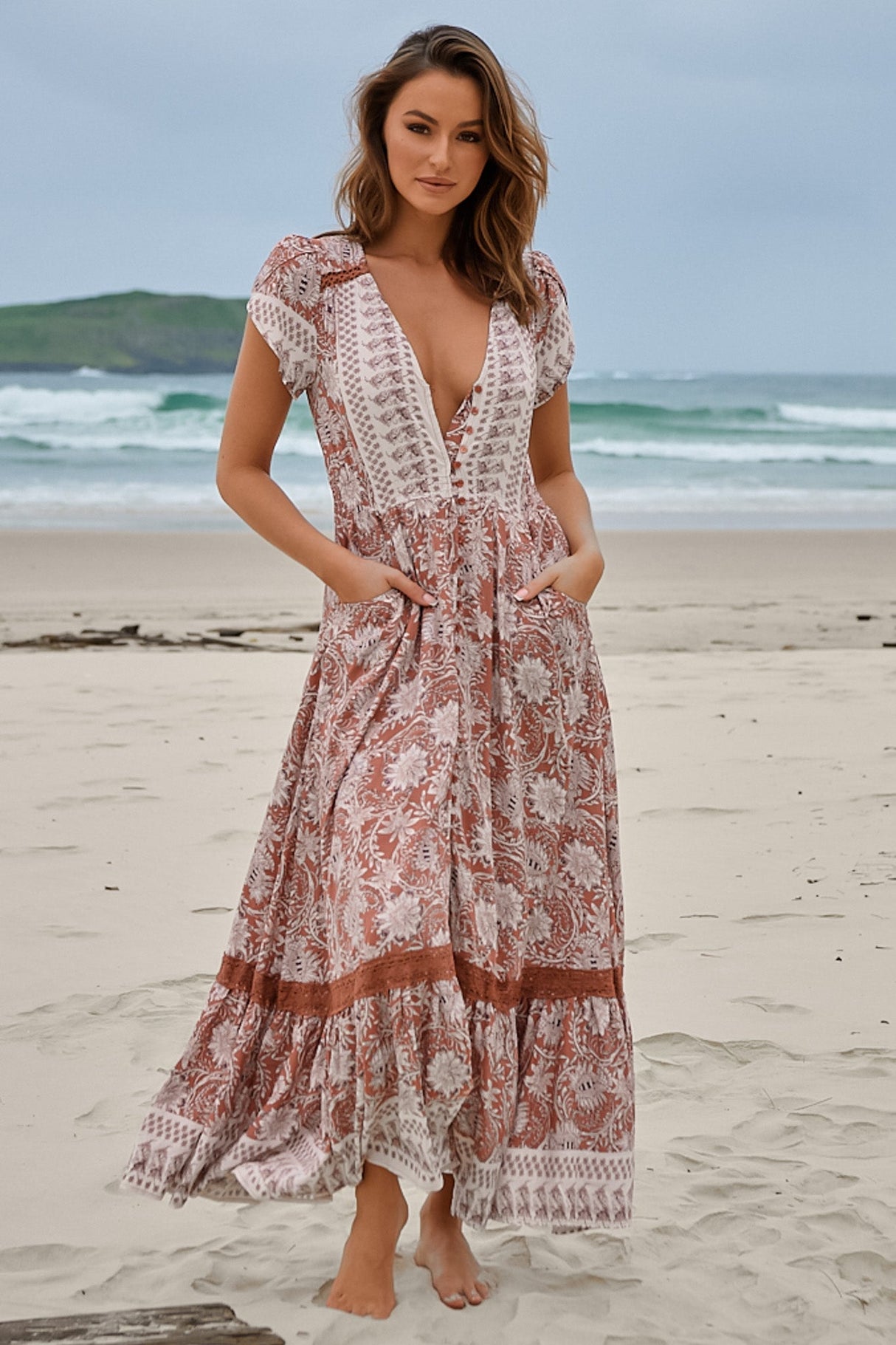 JAASE - Carmen Maxi Dress: Butterfly Cap Sleeve Button Down A Line Dress with Lace Trim in Indah Print