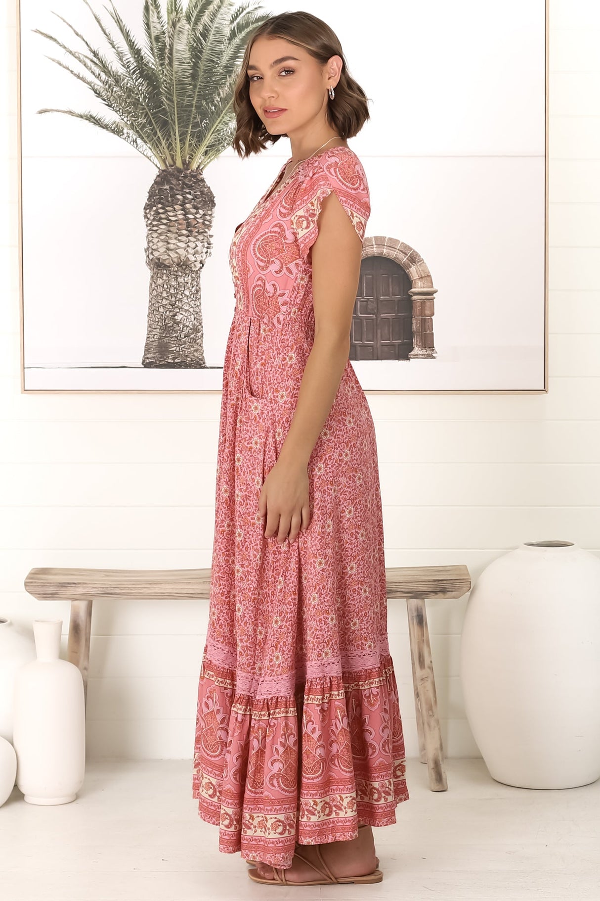 JAASE - Carmen Maxi Dress: Butterfly Cap Sleeve Button Down A Line Dress with Lace Trim in Strawberries and Cream Print