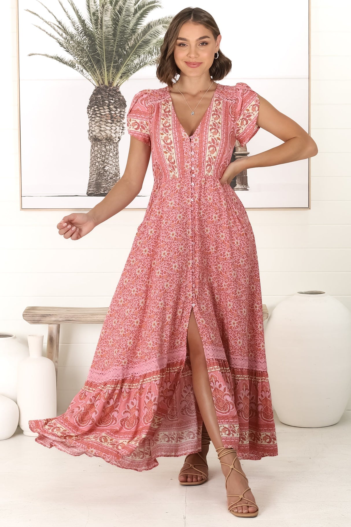 JAASE - Carmen Maxi Dress: Butterfly Cap Sleeve Button Down A Line Dress with Lace Trim in Strawberries and Cream Print