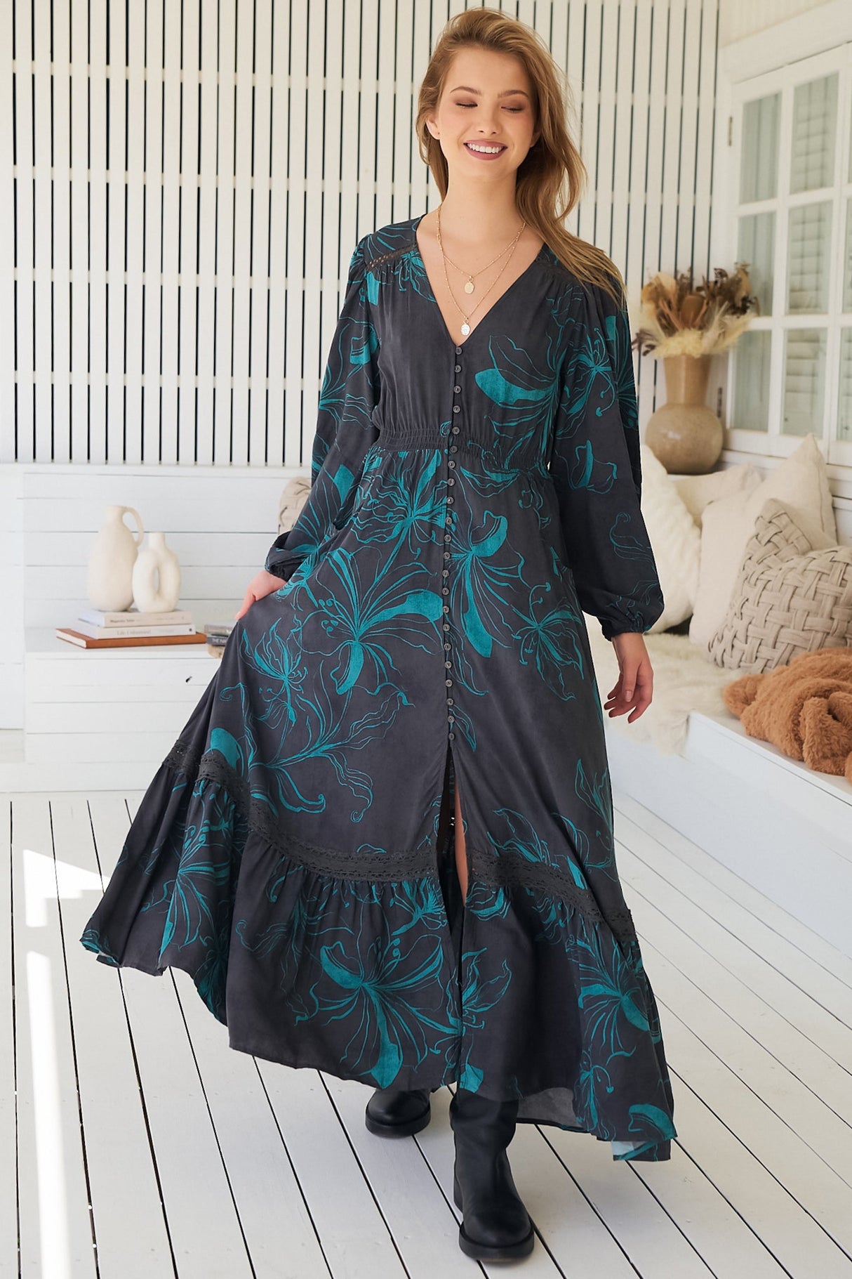 JAASE - Carmen Long Sleeve Maxi Dress: Button Down A Line Dress with Lace Trim in Midnight Lilly Print