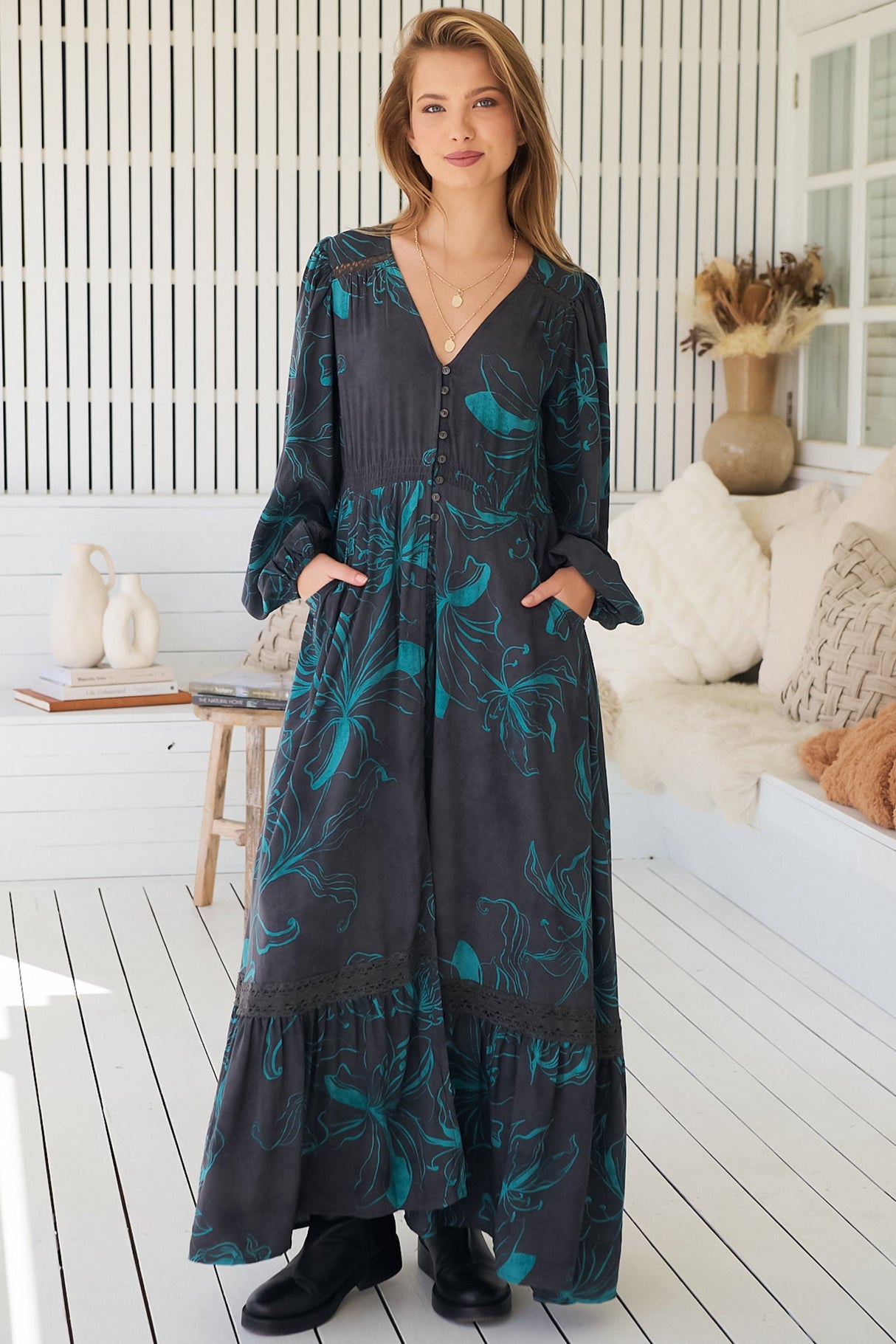 JAASE - Carmen Long Sleeve Maxi Dress: Button Down A Line Dress with Lace Trim in Midnight Lilly Print