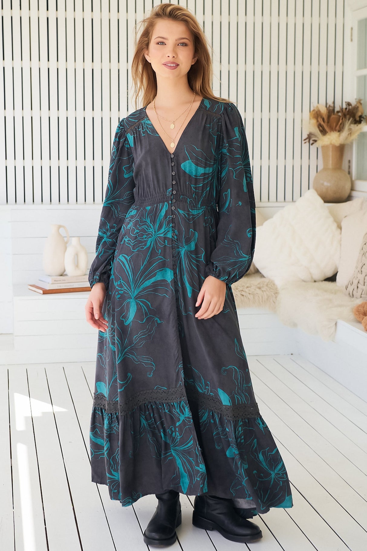JAASE - Carmen Long Sleeve Maxi Dress: Button Down A Line Dress with Lace Trim in Midnight Lilly Print