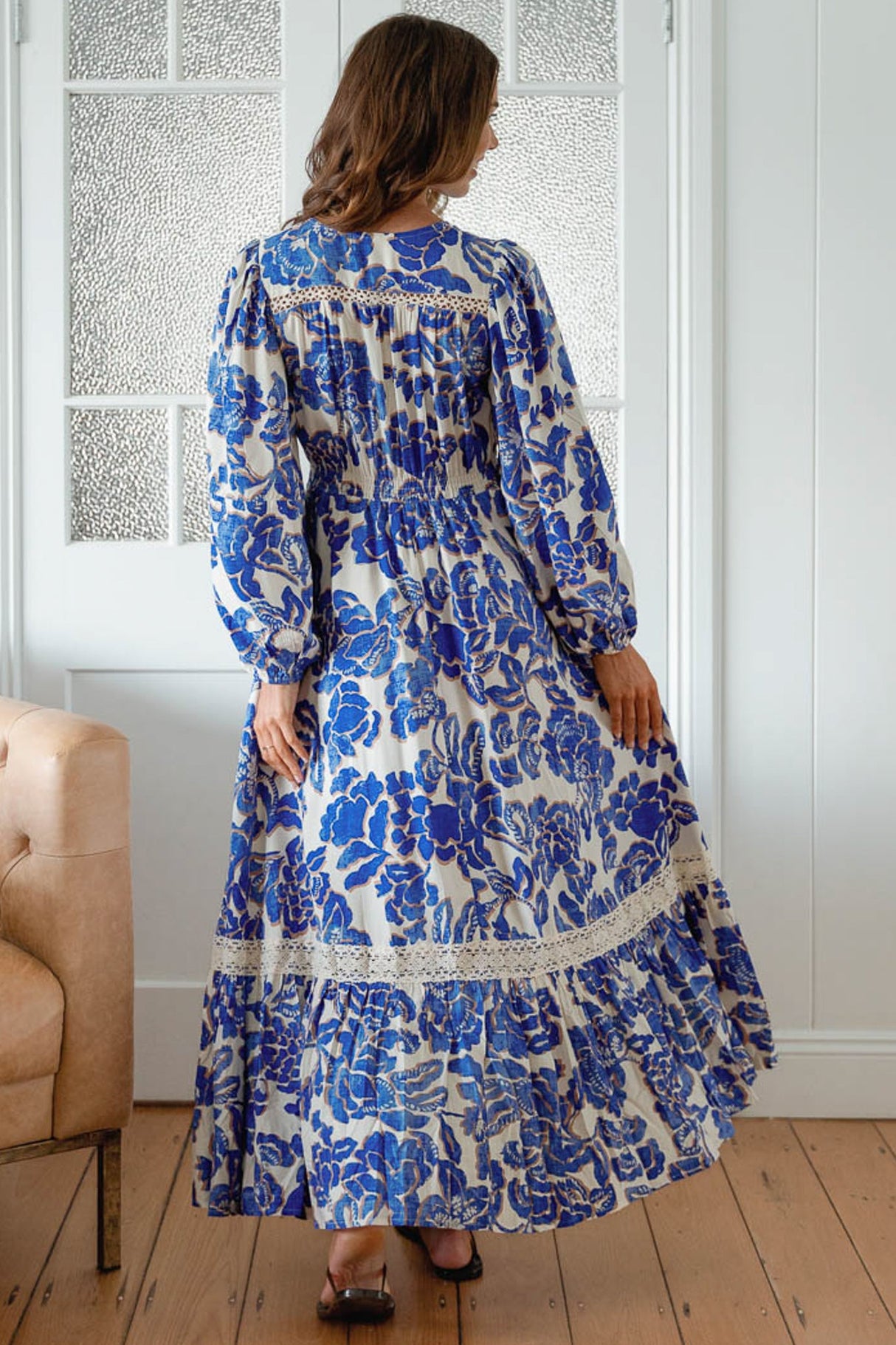 JAASE - Carmen Long Sleeve Maxi Dress: Button Down A Line Dress with Lace Trim in Indigo Bloom Print