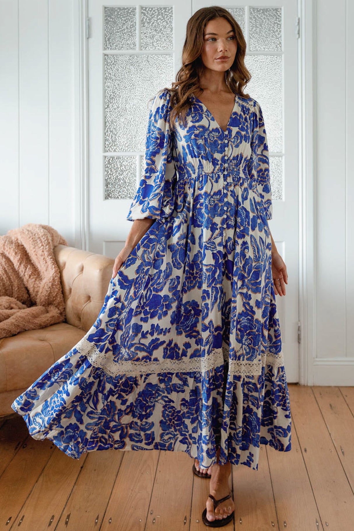 JAASE - Carmen Long Sleeve Maxi Dress: Button Down A Line Dress with Lace Trim in Indigo Bloom Print