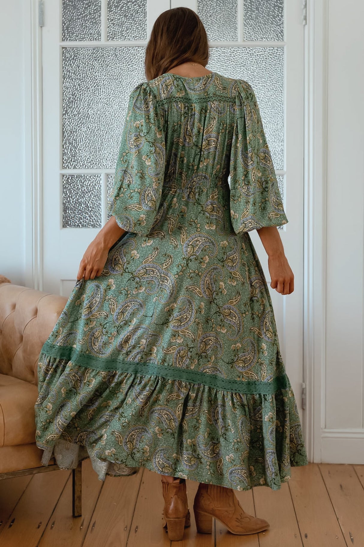 JAASE - Carmen Long Sleeve Maxi Dress: Button Down A Line Dress with Lace Trim in Sagewood Print