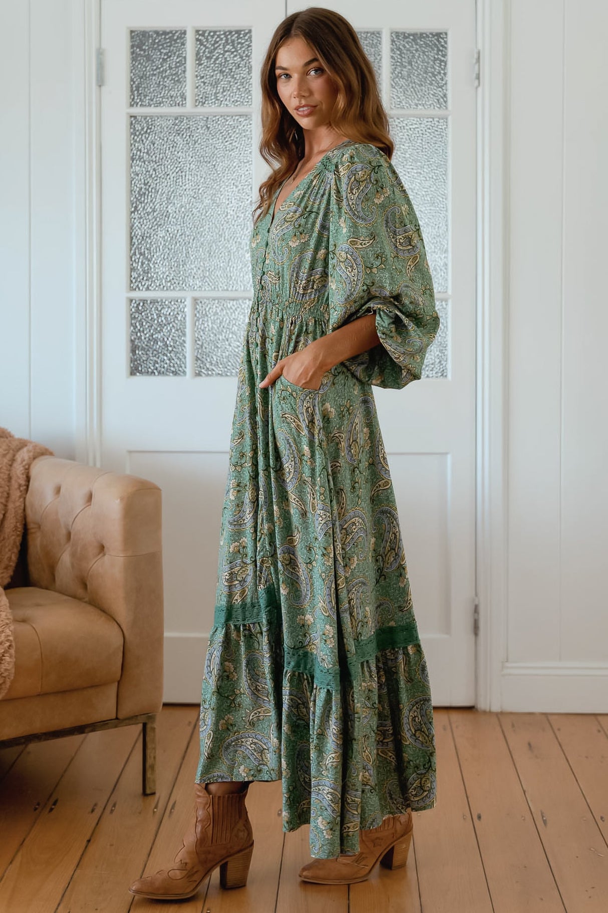 JAASE - Carmen Long Sleeve Maxi Dress: Button Down A Line Dress with Lace Trim in Sagewood Print
