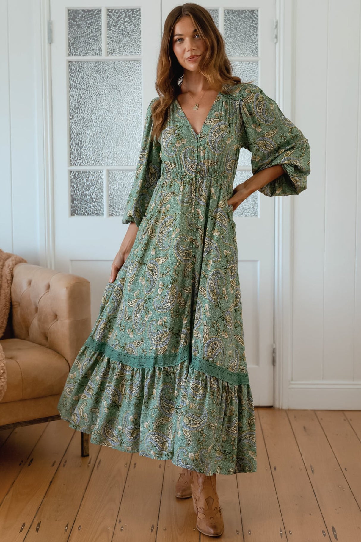 JAASE - Carmen Long Sleeve Maxi Dress: Button Down A Line Dress with Lace Trim in Sagewood Print