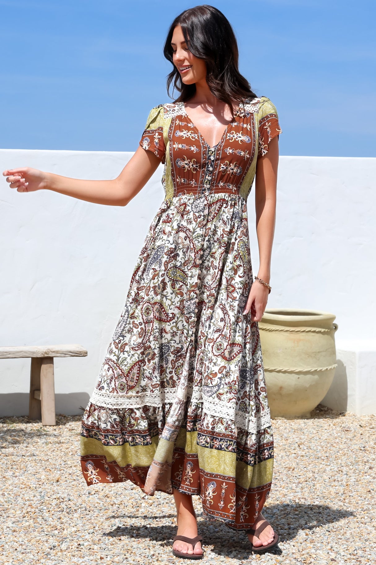 JAASE - Carmen Maxi Dress: Butterfly Cap Sleeve Button Down A Line Dress with Lace Trim in Oakie Print