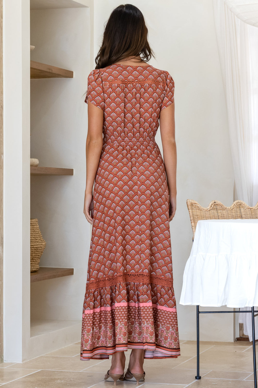JAASE - Carmen Maxi Dress: Butterfly Cap Sleeve Button Down A Line Dress with Lace Trim in Coral Eden Print
