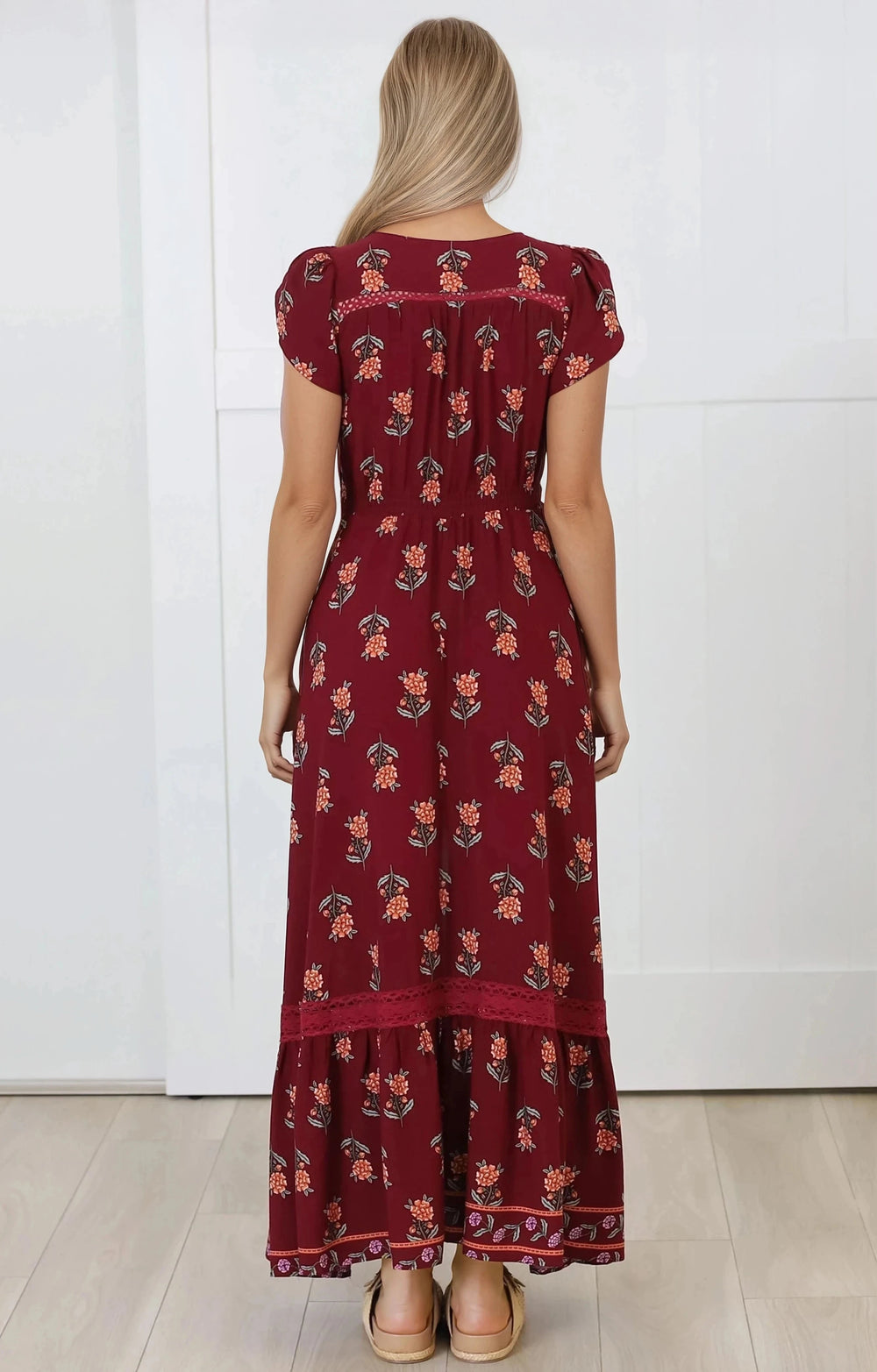 JAASE - Carmen Maxi Dress: Butterfly Cap Sleeve Button Down A Line Dress with Lace Trim in Grenache Print