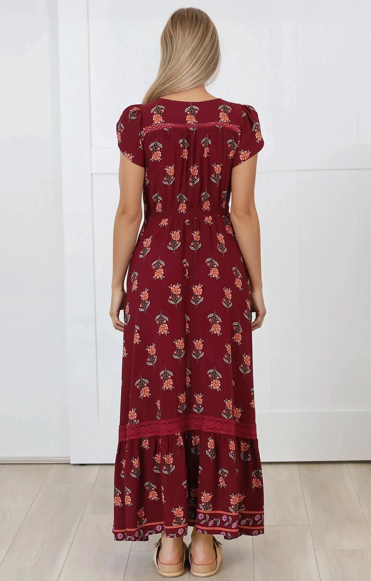 JAASE - Carmen Maxi Dress: Butterfly Cap Sleeve Button Down A Line Dress with Lace Trim in Grenache Print