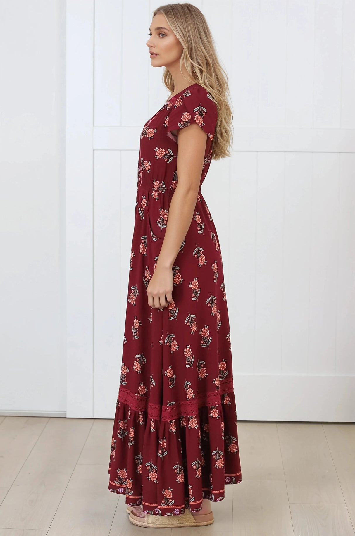 JAASE - Carmen Maxi Dress: Butterfly Cap Sleeve Button Down A Line Dress with Lace Trim in Grenache Print