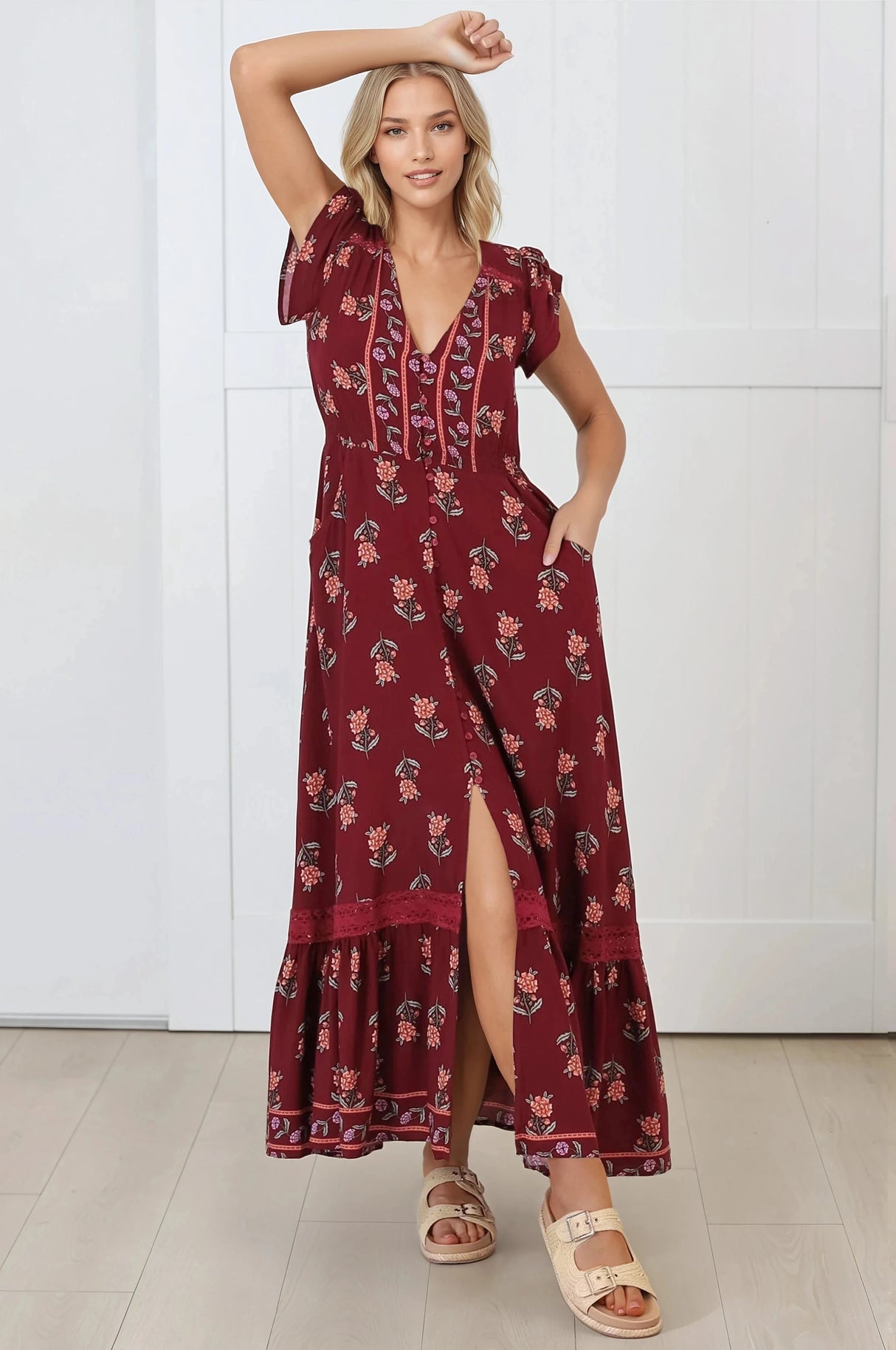 JAASE - Carmen Maxi Dress: Butterfly Cap Sleeve Button Down A Line Dress with Lace Trim in Grenache Print