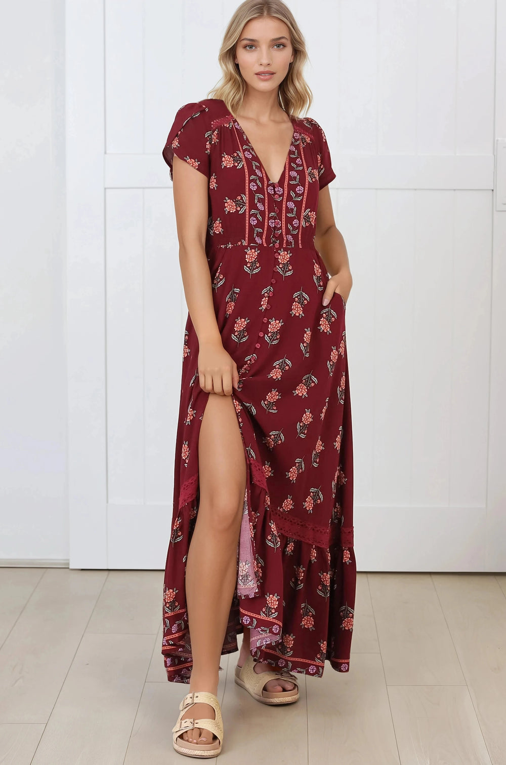 JAASE - Carmen Maxi Dress: Butterfly Cap Sleeve Button Down A Line Dress with Lace Trim in Grenache Print