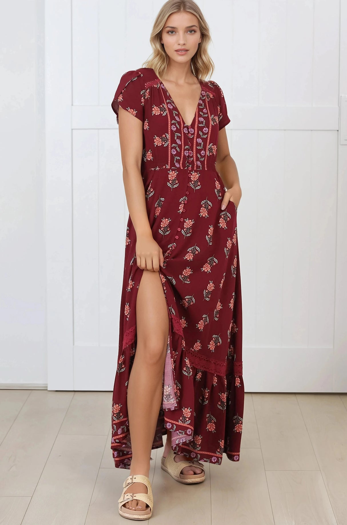 JAASE - Carmen Maxi Dress: Butterfly Cap Sleeve Button Down A Line Dress with Lace Trim in Grenache Print