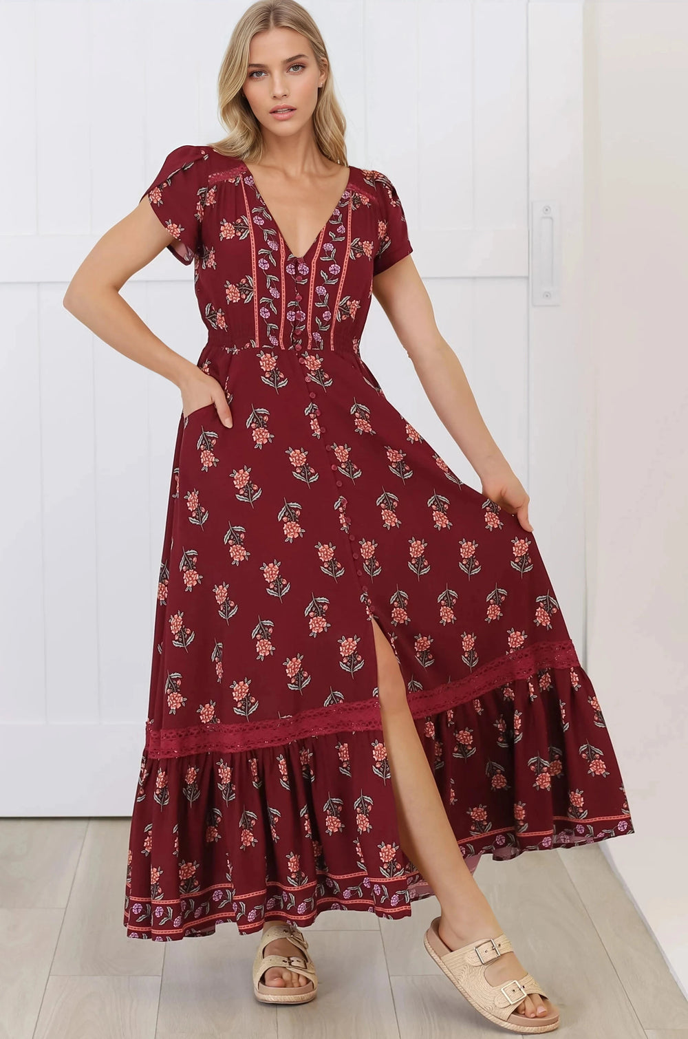 JAASE - Carmen Maxi Dress: Butterfly Cap Sleeve Button Down A Line Dress with Lace Trim in Grenache Print