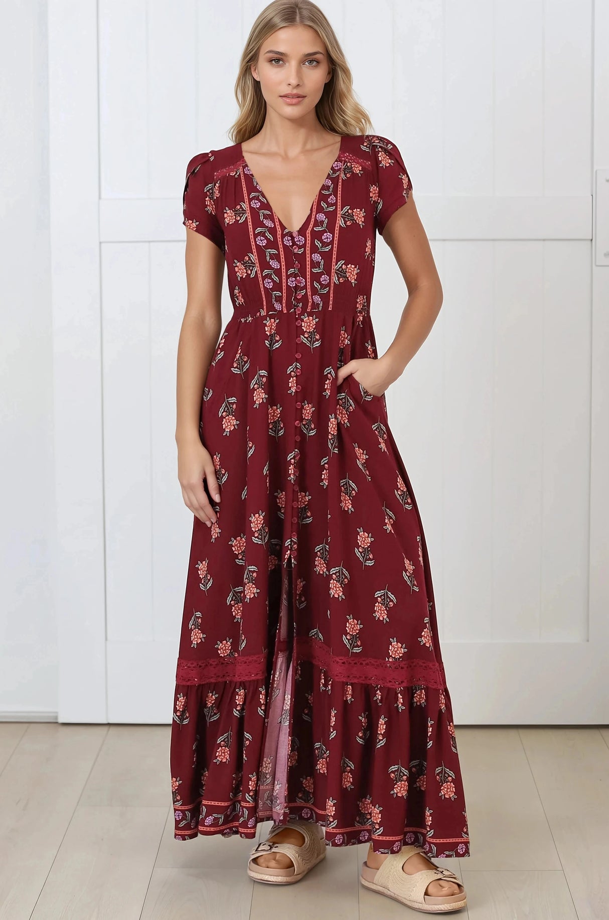 JAASE - Carmen Maxi Dress: Butterfly Cap Sleeve Button Down A Line Dress with Lace Trim in Grenache Print