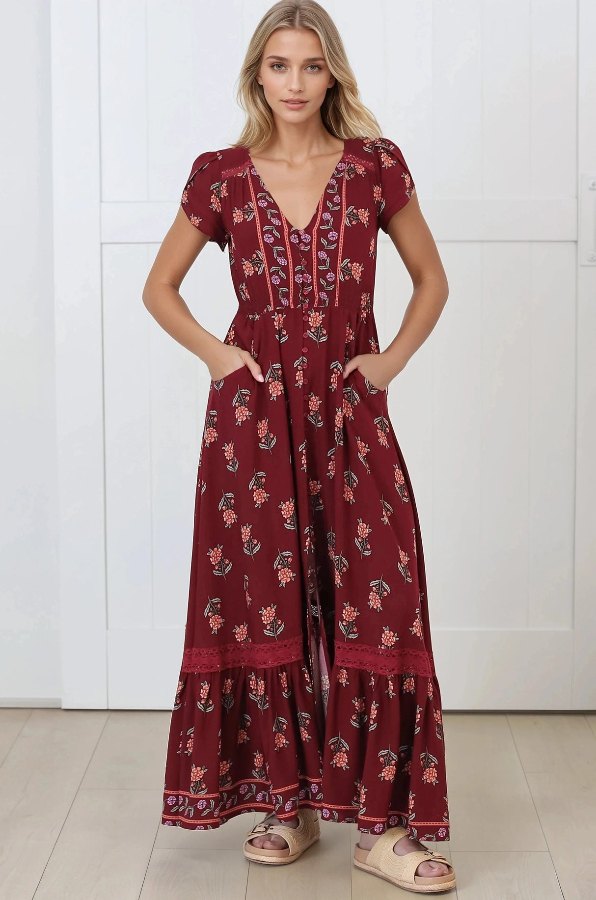 JAASE - Carmen Maxi Dress: Butterfly Cap Sleeve Button Down A Line Dress with Lace Trim in Grenache Print
