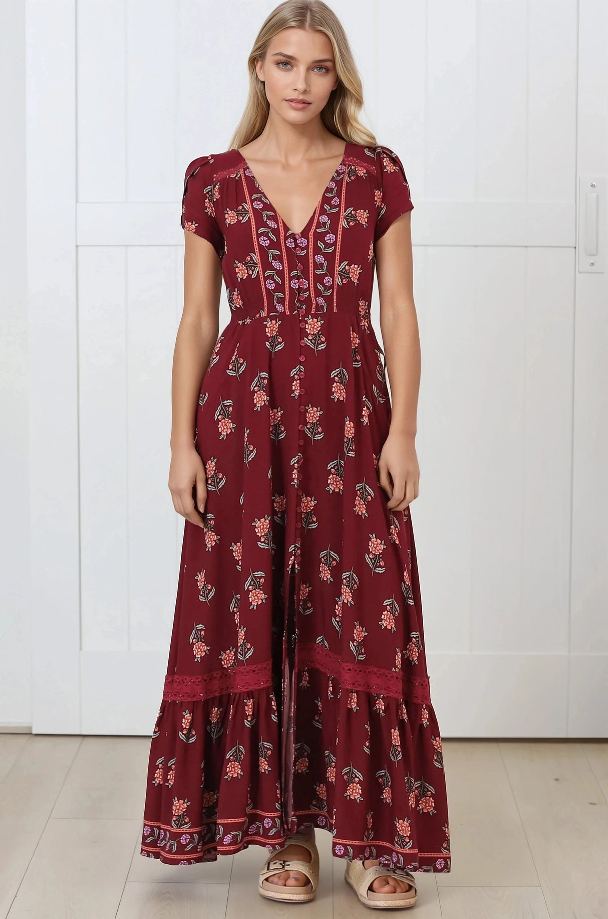 JAASE - Carmen Maxi Dress: Butterfly Cap Sleeve Button Down A Line Dress with Lace Trim in Grenache Print