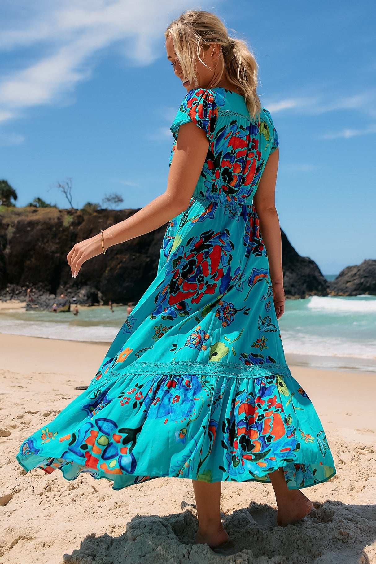JAASE - Carmen Maxi Dress: Butterfly Cap Sleeve Button Down A Line Dress with Lace Trim in Isla Mare Print