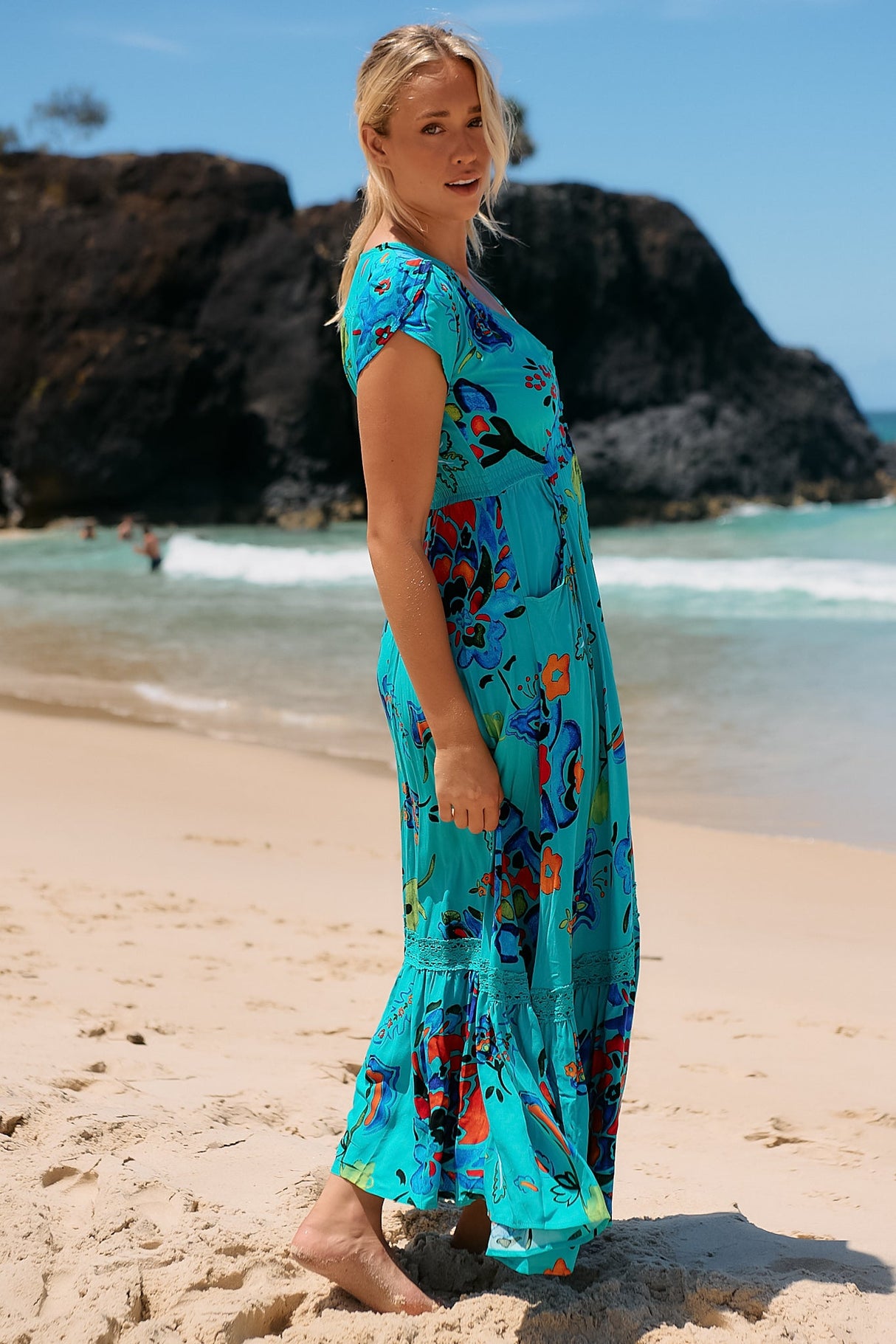 JAASE - Carmen Maxi Dress: Butterfly Cap Sleeve Button Down A Line Dress with Lace Trim in Isla Mare Print