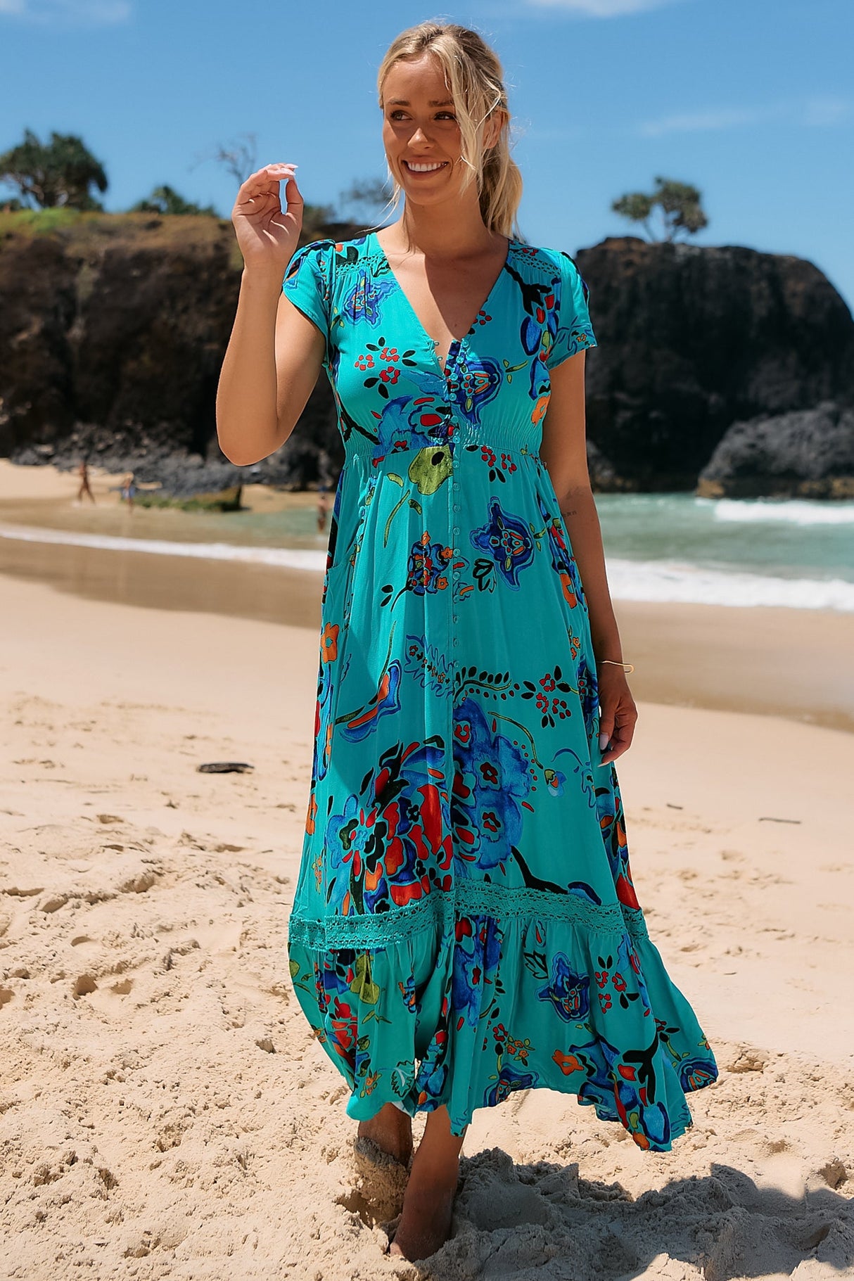 JAASE - Carmen Maxi Dress: Butterfly Cap Sleeve Button Down A Line Dress with Lace Trim in Isla Mare Print