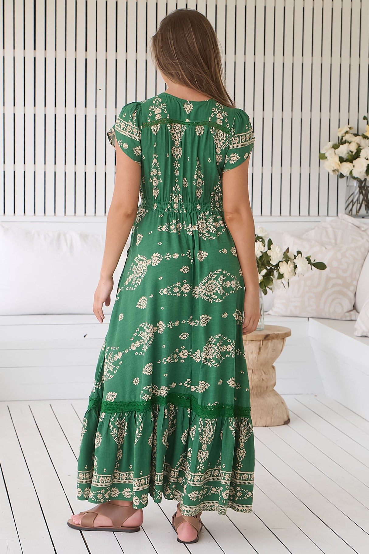 JAASE - Carmen Maxi Dress: Butterfly Cap Sleeve Button Down A Line Dress with Lace Trim in Kiva