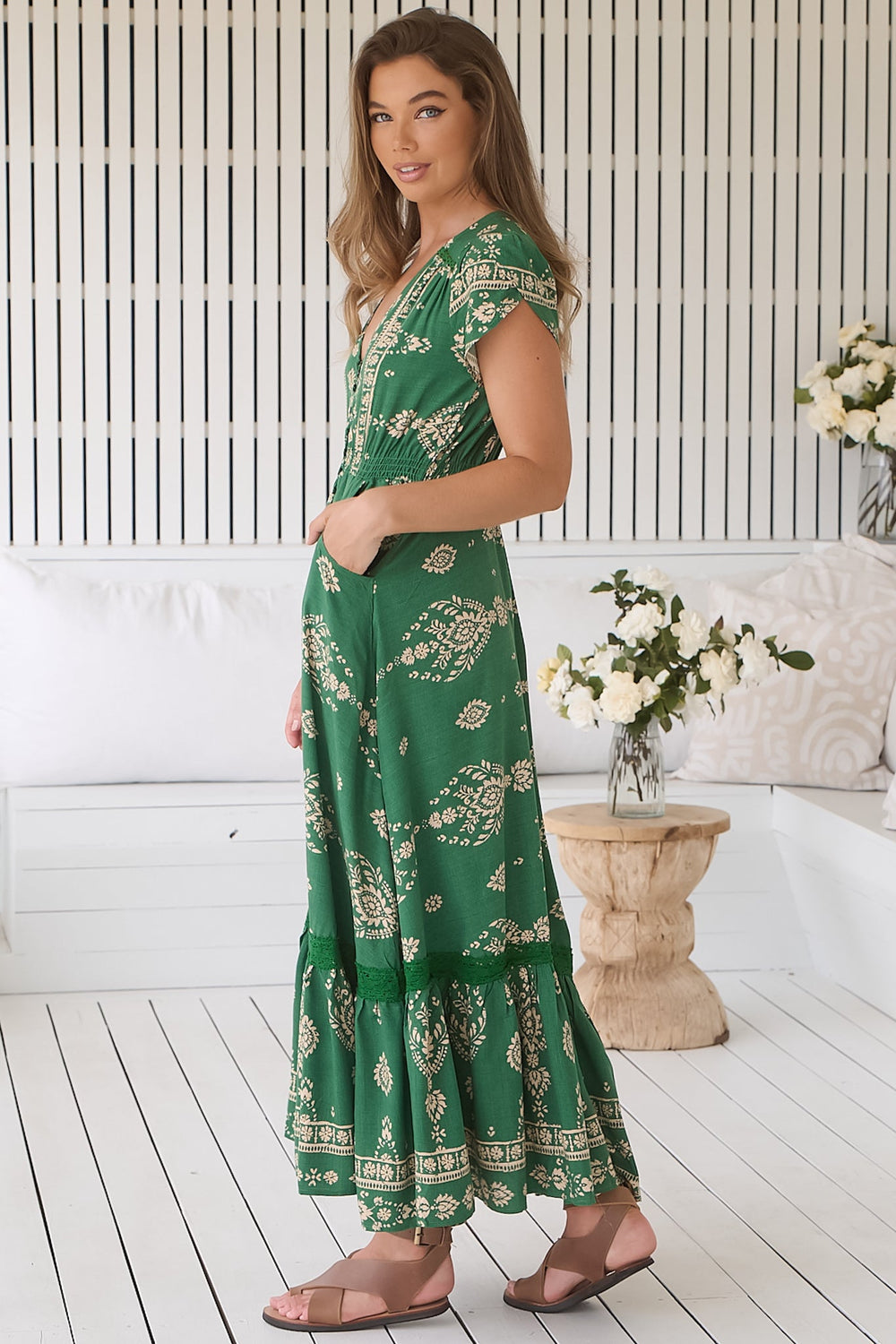 JAASE - Carmen Maxi Dress: Butterfly Cap Sleeve Button Down A Line Dress with Lace Trim in Kiva