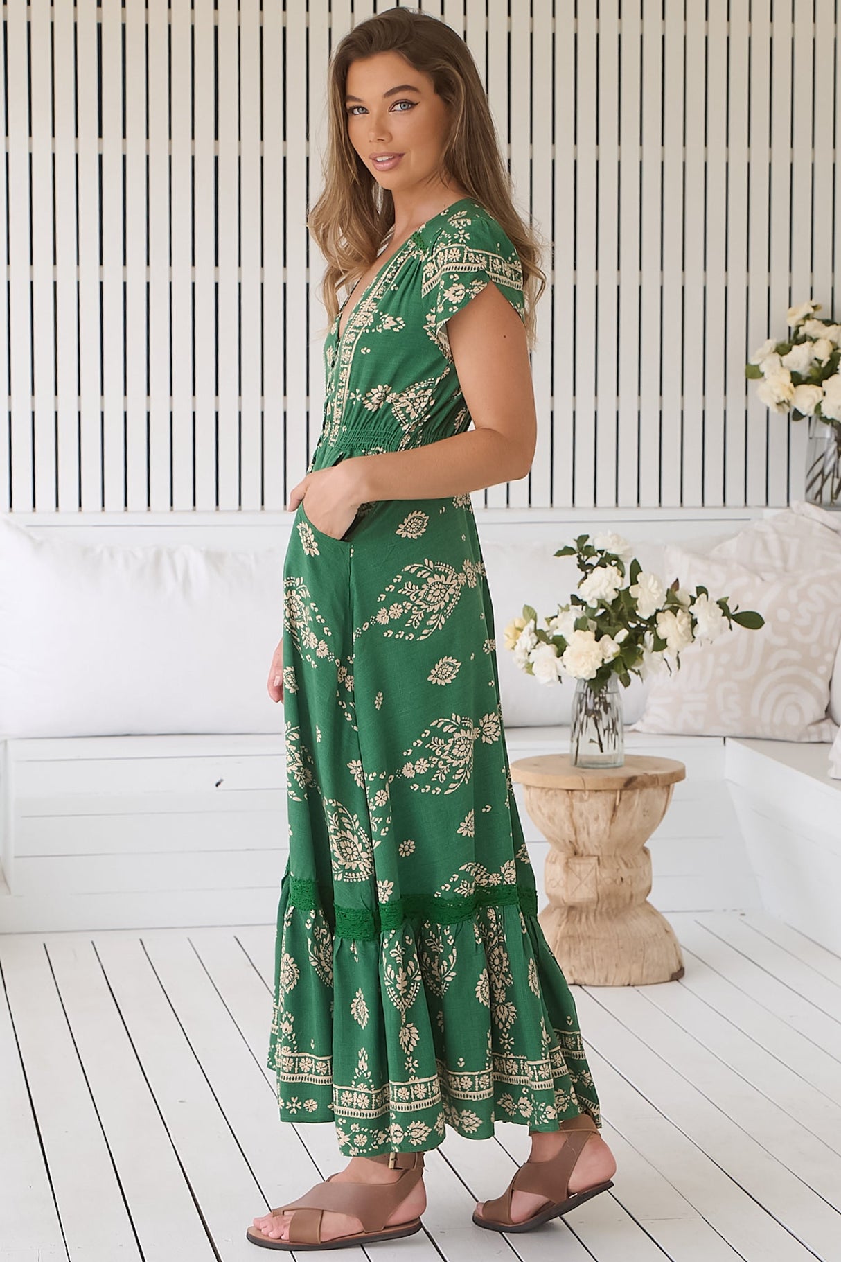 JAASE - Carmen Maxi Dress: Butterfly Cap Sleeve Button Down A Line Dress with Lace Trim in Kiva