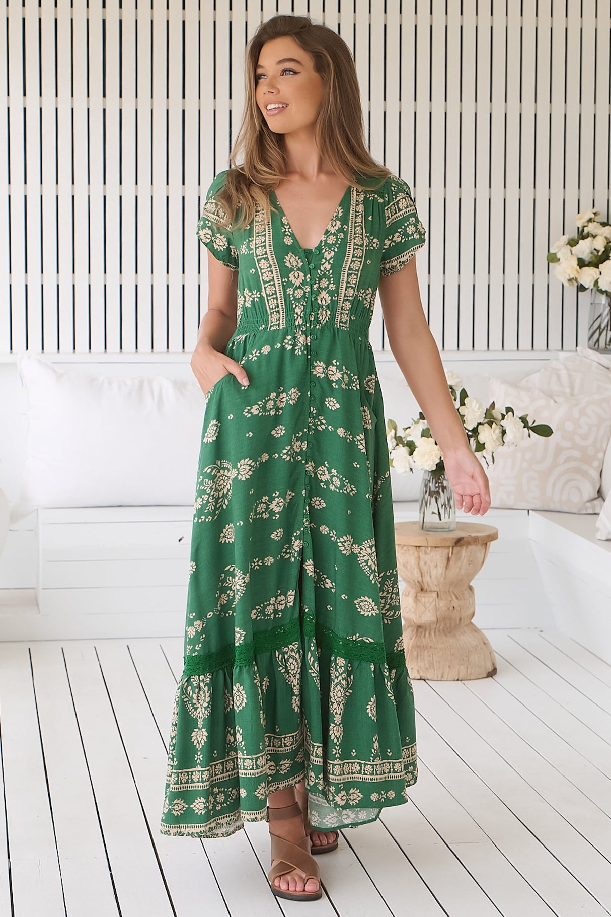JAASE - Carmen Maxi Dress: Butterfly Cap Sleeve Button Down A Line Dress with Lace Trim in Kiva