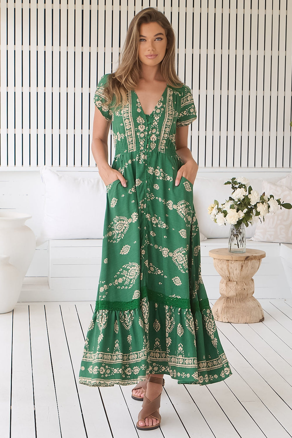 JAASE - Carmen Maxi Dress: Butterfly Cap Sleeve Button Down A Line Dress with Lace Trim in Kiva