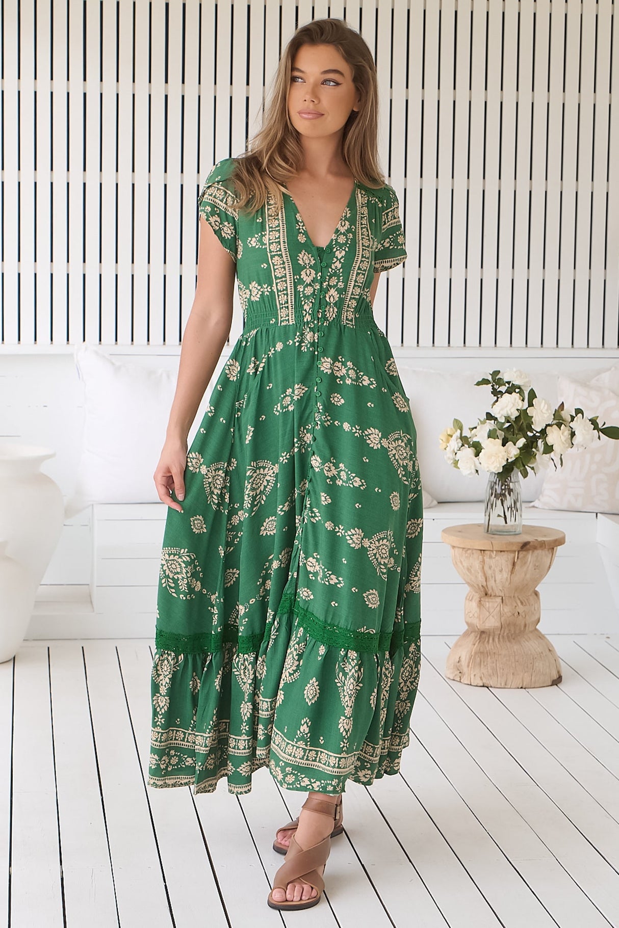 JAASE - Carmen Maxi Dress: Butterfly Cap Sleeve Button Down A Line Dress with Lace Trim in Kiva